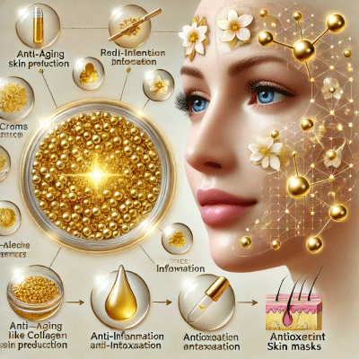 Here is a detailed scientific illustration representing the use of gold nanoparticles in skincare formulation services. The image depicts gold nanoparticles being integrated into skincare products such as creams, serums, and face masks. It shows the nanoparticles penetrating the skin, delivering benefits like anti-aging, anti-inflammatory, and antioxidant effects. The illustration highlights how these nanoparticles enhance skin penetration, promote collagen production, and reduce inflammation, providing a glowing and smooth skin effect. This visual is designed to complement the information on the webpage.